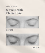 A graphic with the text 'REAL RESULTS 6 weeks with Plume Elite.' above two grayscale close-up photos of closed eyes labeled BEFORE and AFTER, on a light warm beige background.