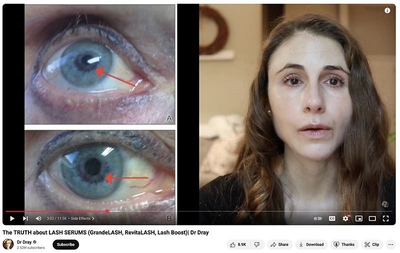 Dr Dray (dermatologist, 2.52M YouTube subscribers) discussing the truth about lash serums including GrandeLASH, RevitaLASH, and Lash Boost