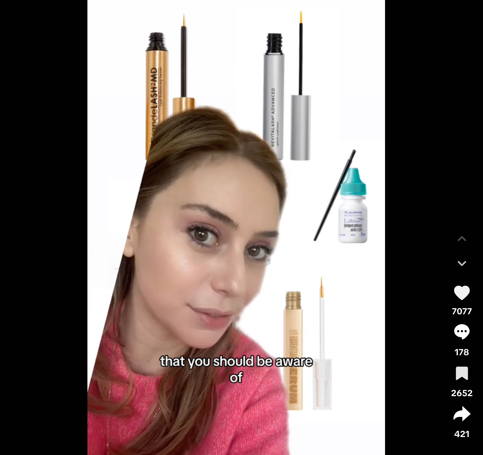 Dr Shereene Idriss (board-certified dermatologist) discussing prostaglandin lash serums including GrandeLASH, RevitaLASH, and Latisse, with safer alternatives shown including a peptide-based serum